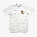 DGK Trippin' Tshirt-Front Trippin with mushroom Back 3 magic Mushrooms with a smoking grasshopper, butterfly and two critters on top of tripping Dgk-White