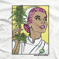 DGK Good Doctor T-Shirt White Close - Female Doctor holding Marijuana Plant, word says "Trust me im a doctor". DGK Logo on Doctors pin