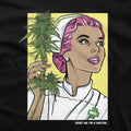 DGK Good Doctor T-Shirt Black Closeup- Female Doctor holding Marijuana Plant, word says "Trust me im a doctor". DGK Logo on Doctors pin