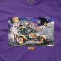DGK Rover Youth T-Shirts-Two astronauts driving on the moon with money flying in their dust in space-Purple