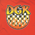DGK Ghetto Fire Youth T-Shirts-Front DGK logo on the chest onto of a yellow checkered circle with flames-Back Same logo as the front larger on middle of the back-For those who come from nothing-Red