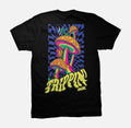 DGK Trippin' Tshirt-Front Trippin with mushroom Back 3 magic Mushrooms with a smoking grasshopper, butterfly and two critters on top of tripping Dgk-Black