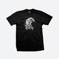 DGK Sippin' T-Shirt-A skeleton handholding two styrofoam cups and purple water splashing out-Black